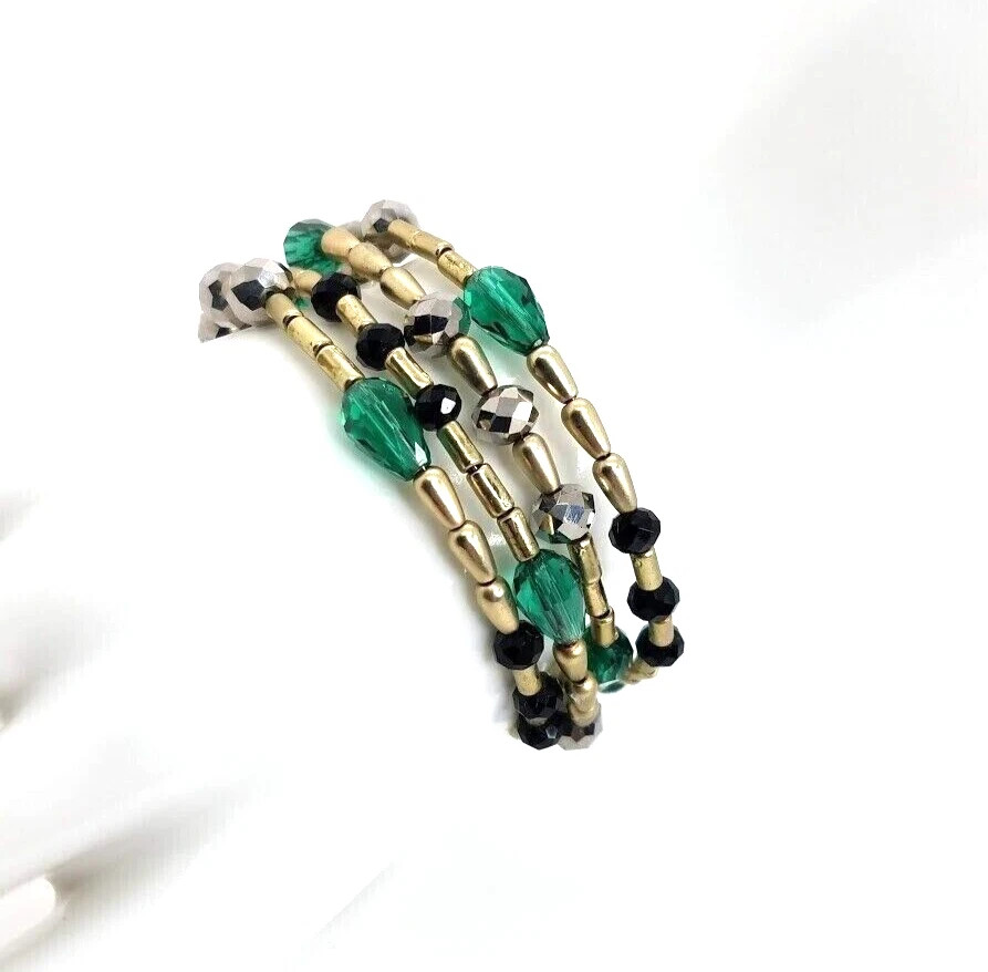 Fashion Beaded Memory Wire Coil Bracelet Green Black Gold Tone Multi Strand Wrap