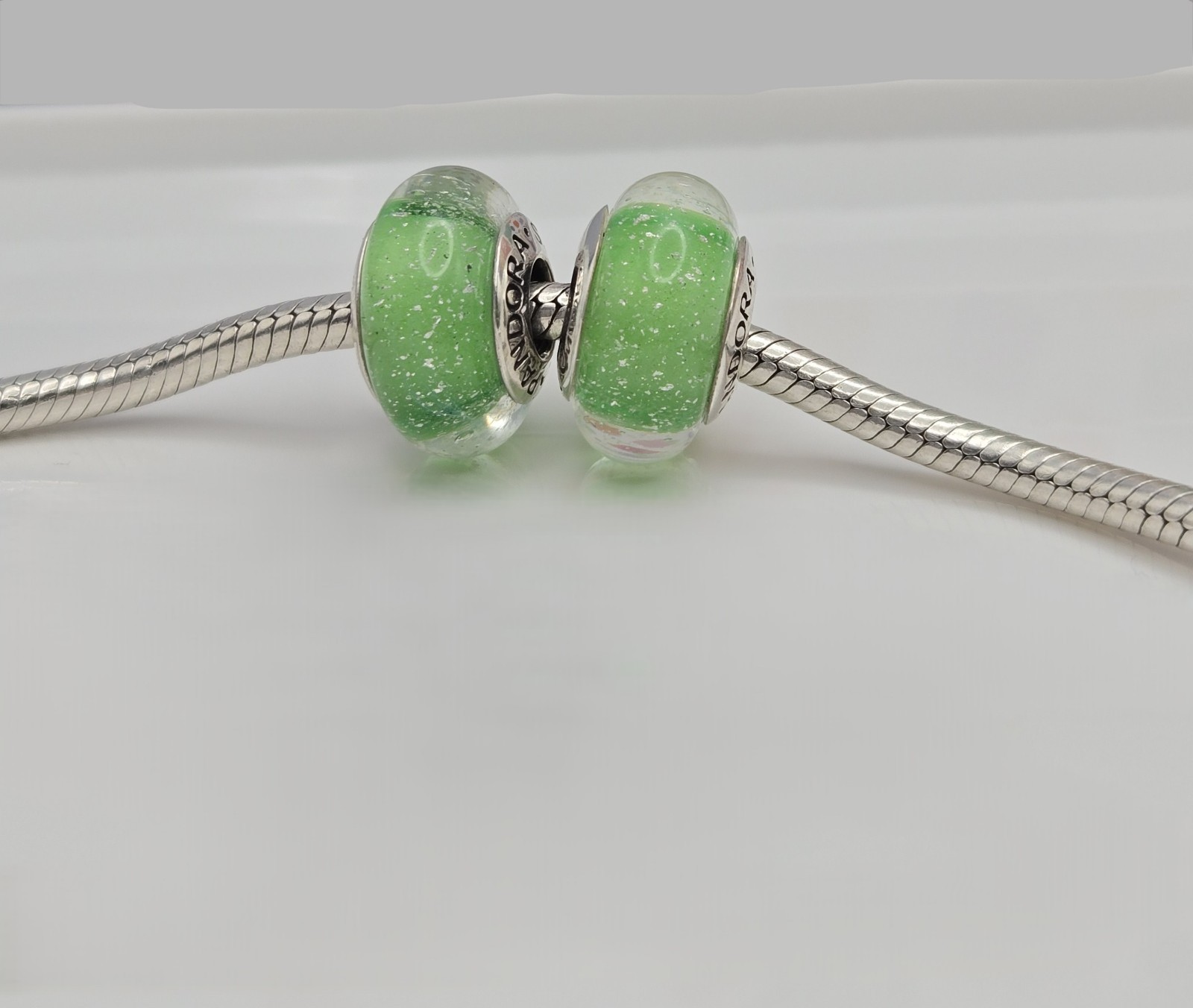 Authentic Pandora Pair of Disney Green Tinkerbell Charms Murano Glass