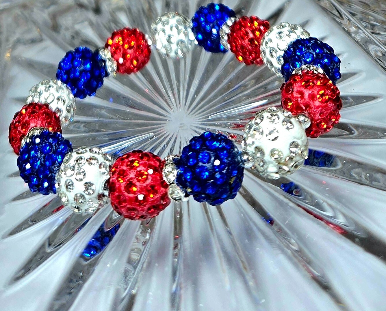 Sparkle Bead Red White Blue Handmade Stretch Bracelet Gift for Woman Beaded