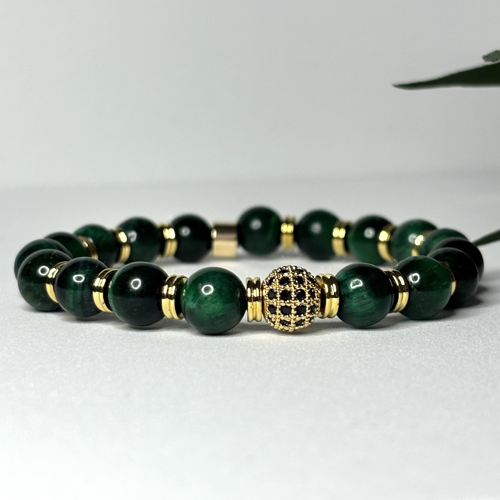 Green Tiger Eye Bracelet Men Women Natural Gemstone Gold Bead Protection Gift