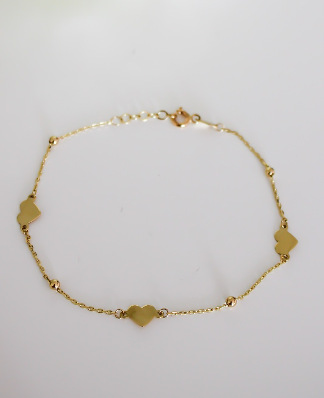 14k Solid Gold Dainty Heart Bracelet Adjustable from 7″ to 7.5″ 1mm Cable Chain
