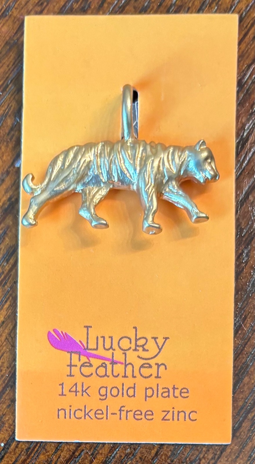 LUCKY FEATHER 14K GOLD PLATE NICKEL-FREE ZINC CHARM NEW ON CARD