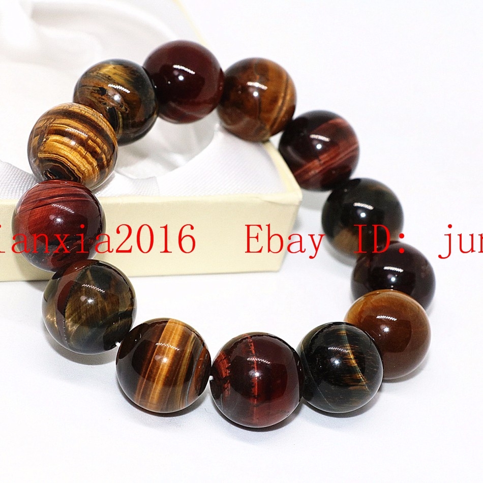 Huge 16mm Yellow Red Roar Tiger’s Eye Gemstone ROund Bracelet 7.5”