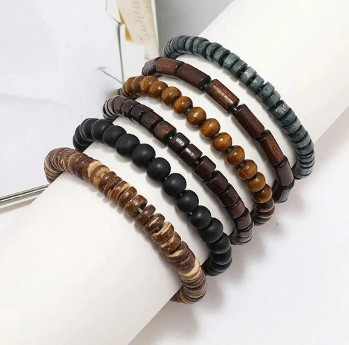 6pcs Braided Leather & Wooden Bead Bracelets – Adjustable Vintage Style for Men