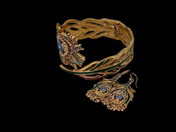 Peacock Feather Set , 18K Gold Overlay Czech and Austrian Crystals, MMA