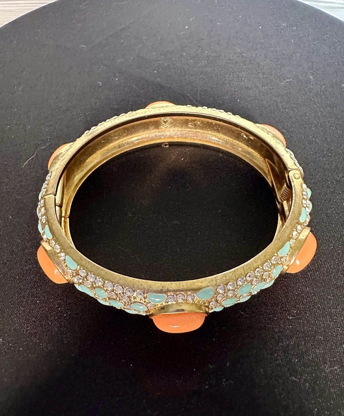 Stella & Dot Coral & Turquoise Hinged Bracelet Cabochon & Rhinestone Clamper 7″