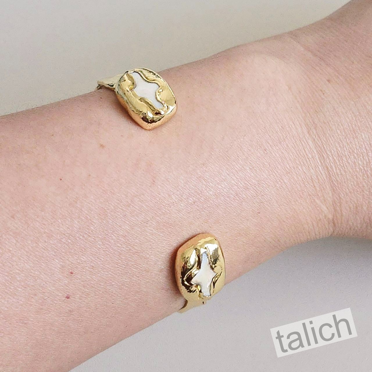 18K Gold Plated Brass White Pearls Cross Hammered Slim Cuff Bracelet Unique