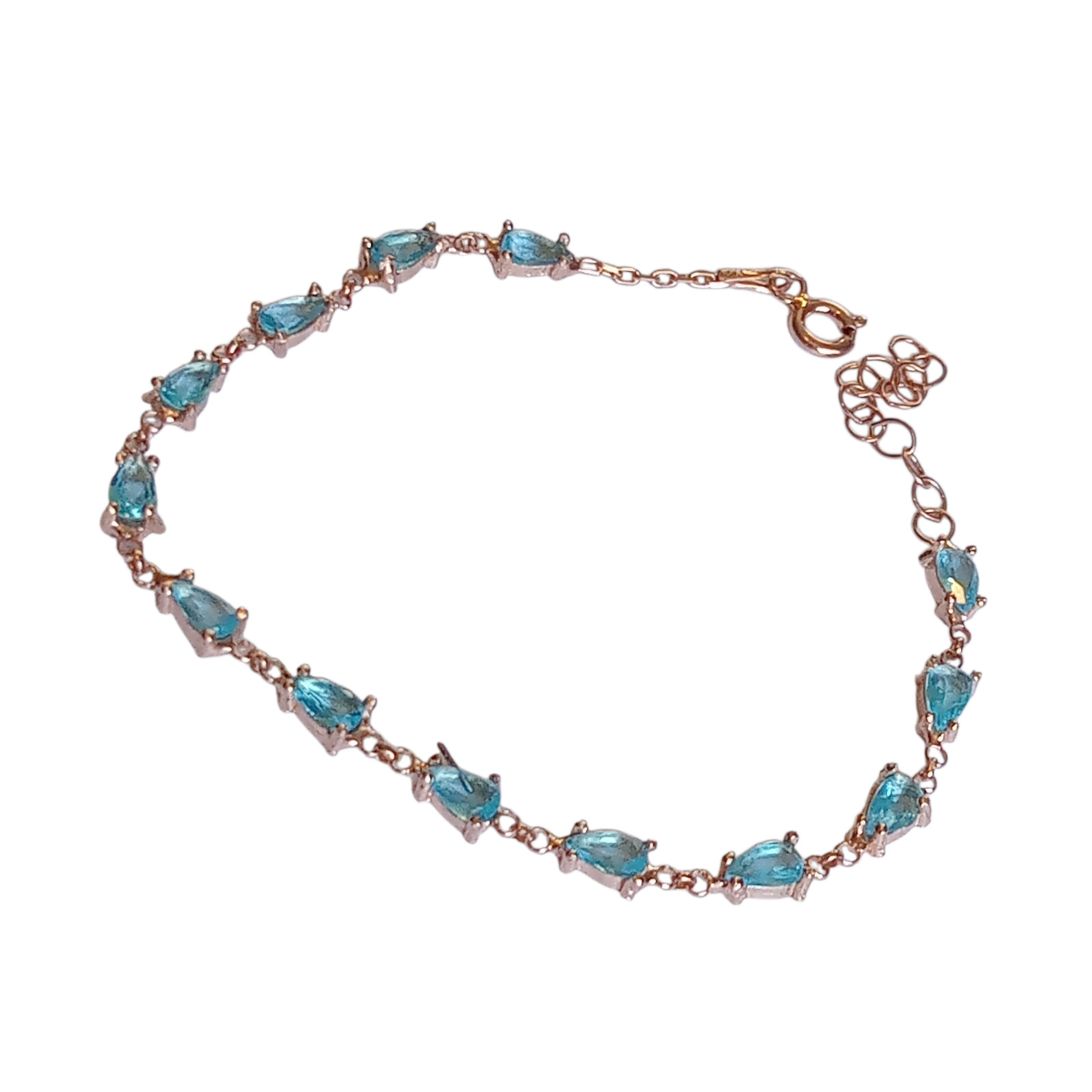 Rose Gold 925 Sterling Silver Turkish Handmade Teardrop Aquamarine Bracelet