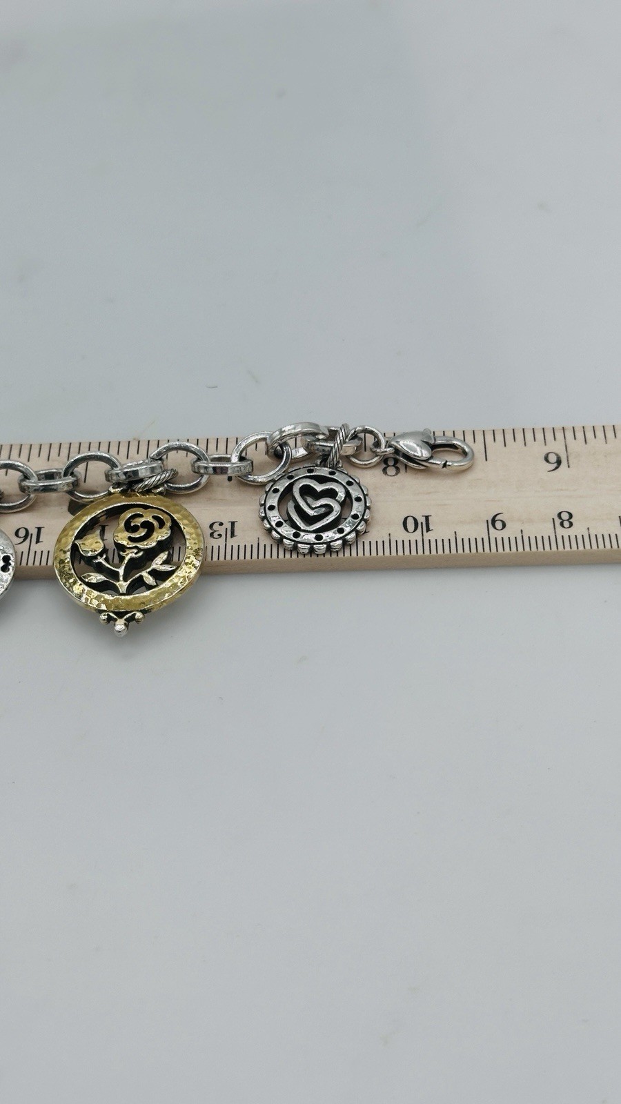 Brighton Paris Love Charm Bracelet Two Tone Heart Rose Cat Retired