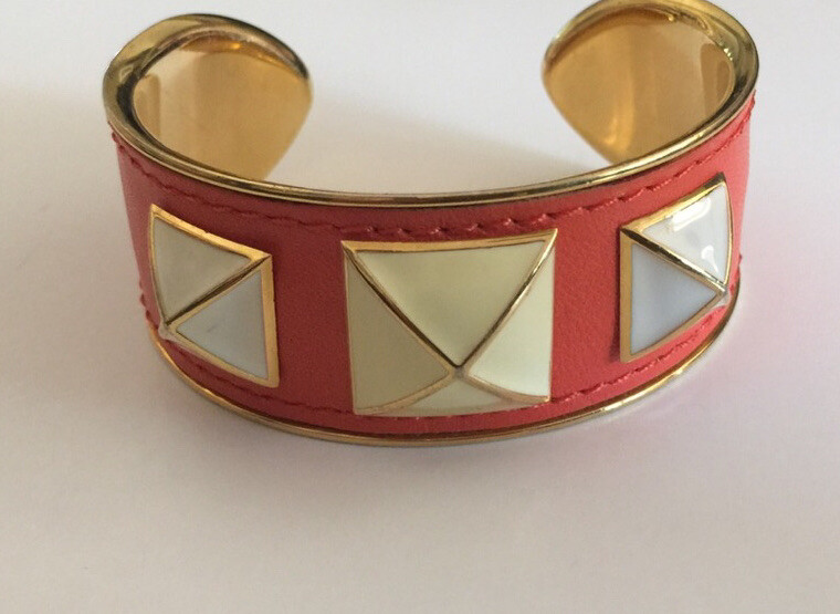 REBECCA MINKOFF ORANGE LEATHER/ENAMEL STUD CUFF GOLD BRACELET