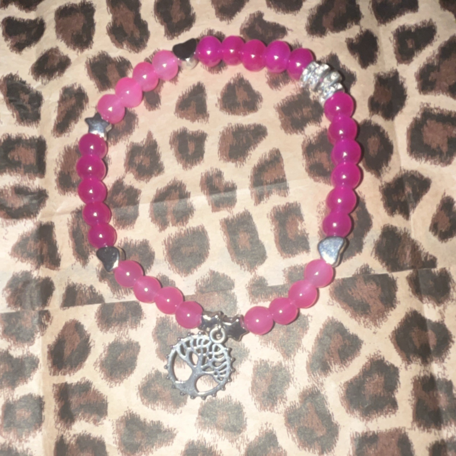 Pink Beaded Charm Bracelets, one w/ Tree of Life Dangle, Lobster Closure Plastic
