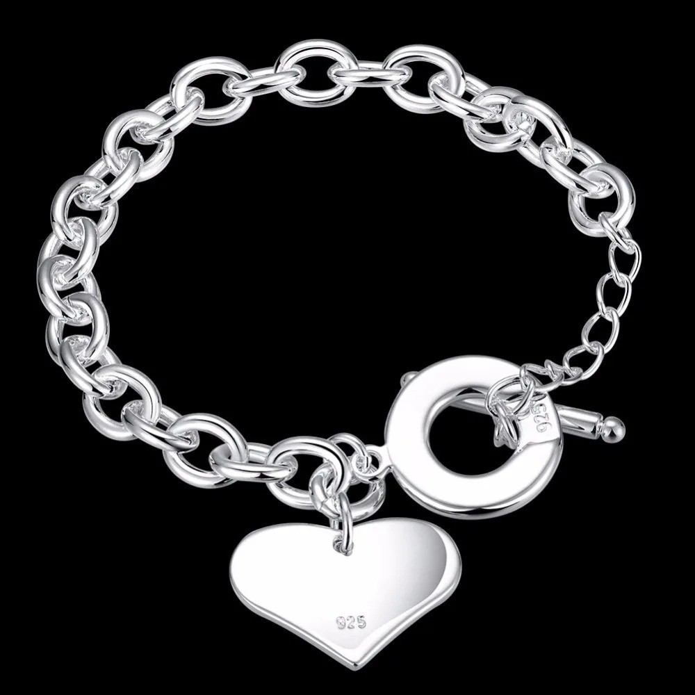 925 Sterling Silver Heart Pendant Thick Chain Bracelet Women Fashion Jewelry