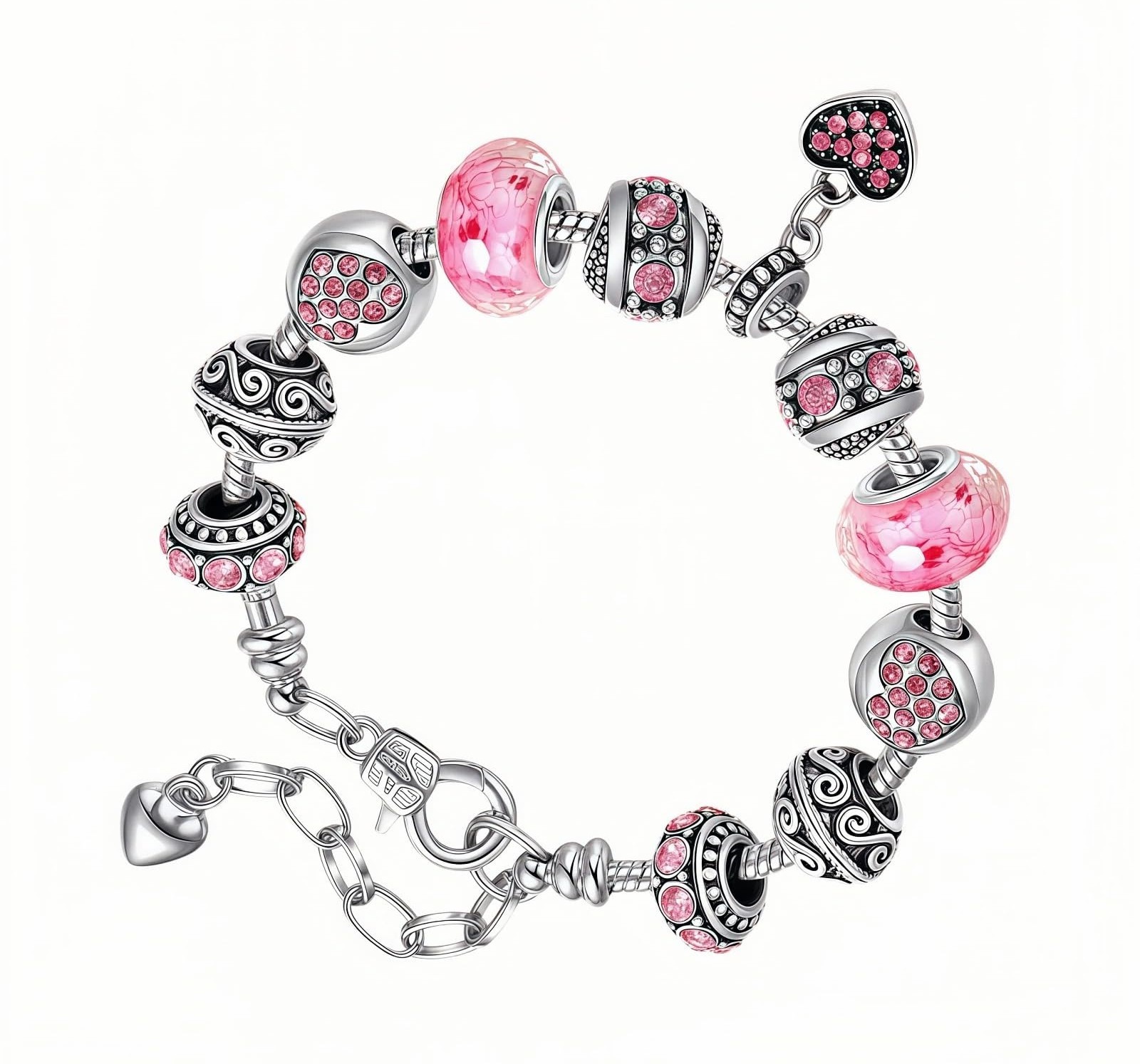 Silver Heart Crystal Charm Bracelet European Style Love Bead Snake Chain Gift