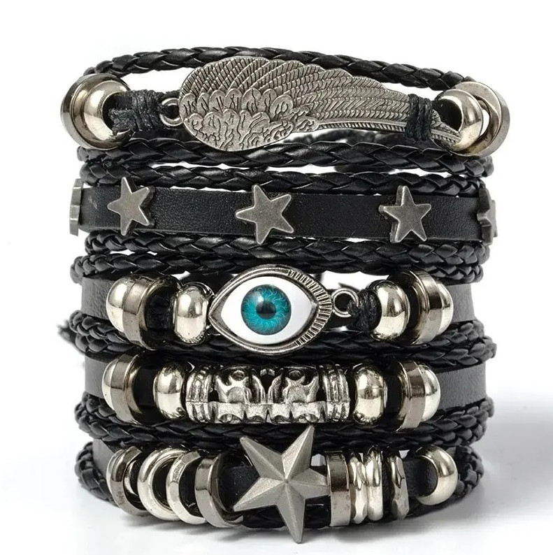 5PCS Punk Leather Bracelet Set Evil Eye Wing Star Beaded Bracelets NEW
