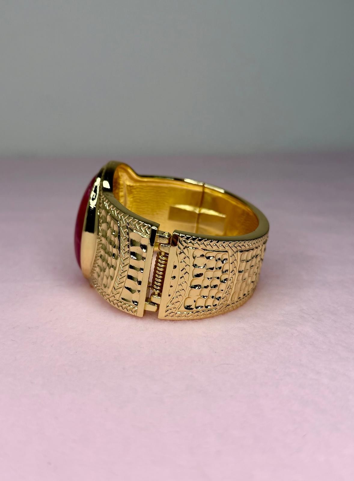 Gold Tone Red Stone Cuff Bracelet, Wide Statement Bangle, Vintage Boho