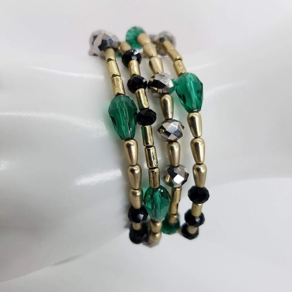 Fashion Beaded Memory Wire Coil Bracelet Green Black Gold Tone Multi Strand Wrap