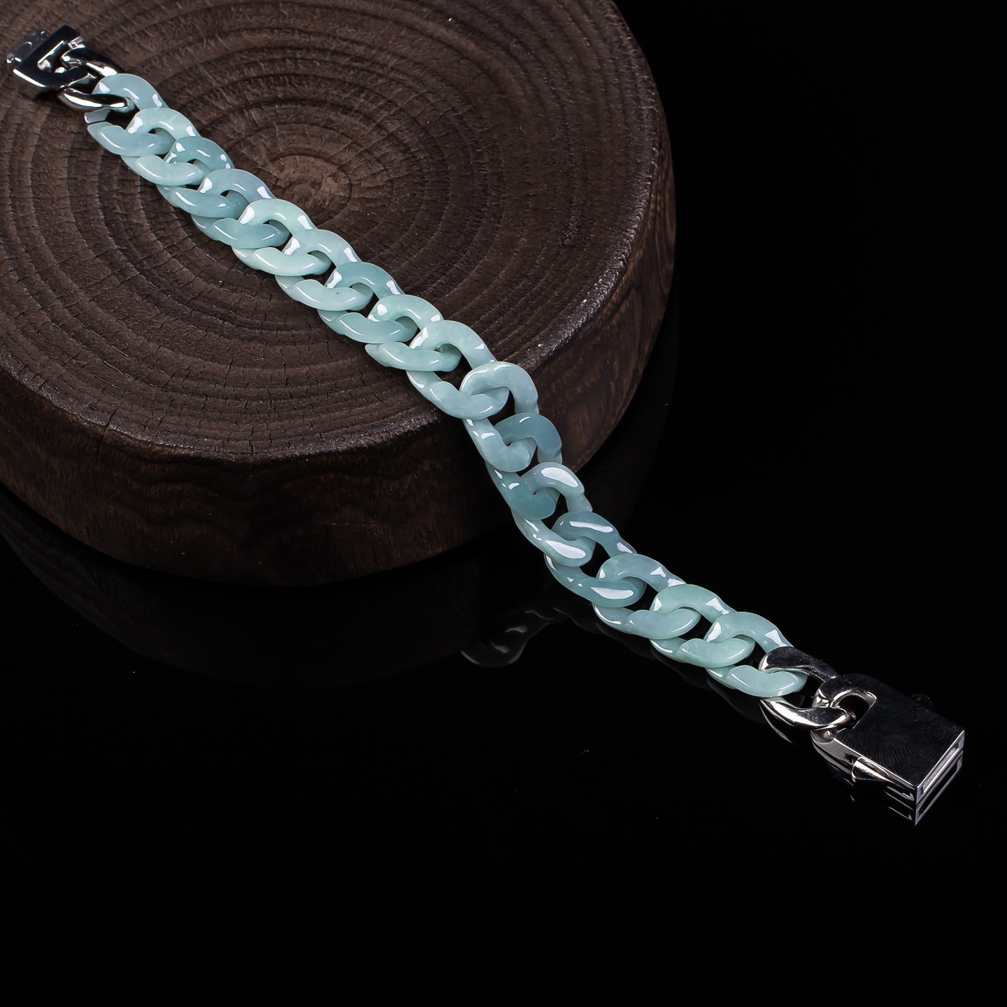 Natural Grade A Blue Water Jadeite Cuban Link Bracelet with Titanium Steel Clasp