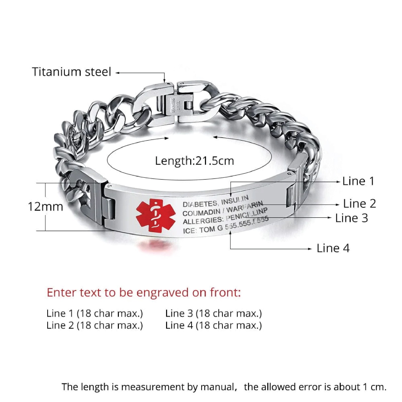 Stainless Steel Personalized Medical Alert Bracelet | Silver | Gold | Black