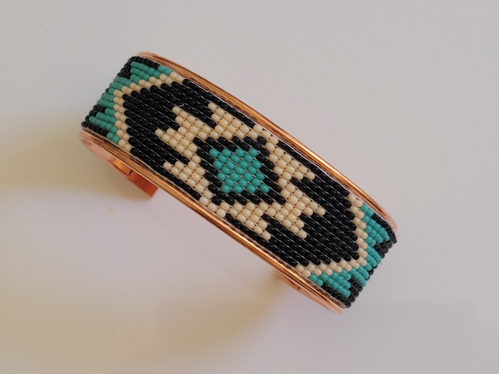 Native American Style Copper Seed Beaded Bracelet Cuff Black Turquoise