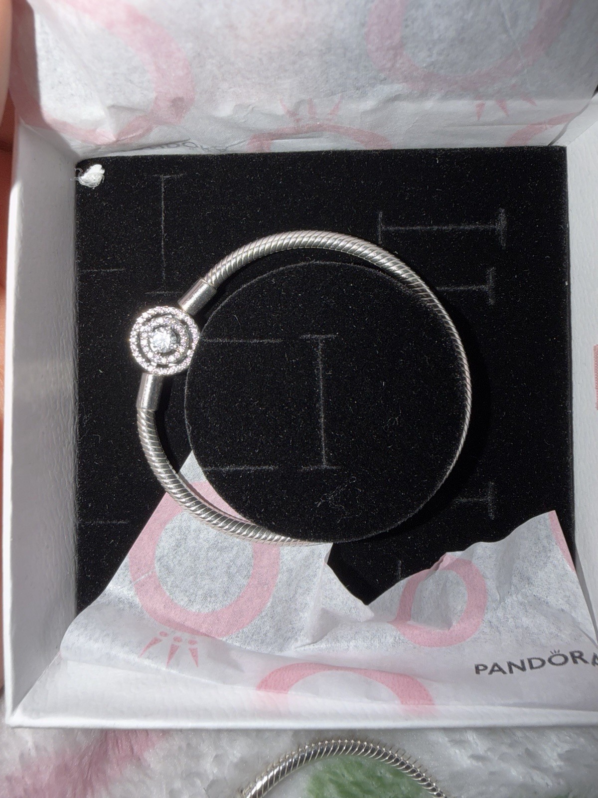 Pandora Silver Snake Chain Bangle Charm Bracelet CZ Halo Snap Clasp Stackable