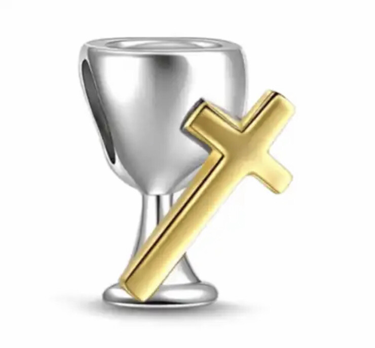 Chalice Cross Charm, S925 Silver Stamped Charm for Bracelet, Cross Jewelry