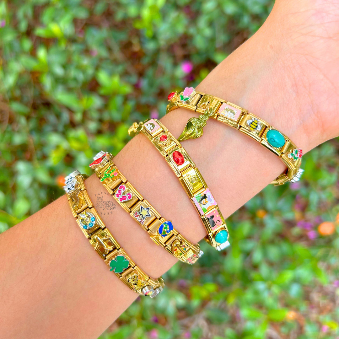 Italian Charm Bracelet Golden READY TO WEAR Bracelet w/ 18 Vintage Style Charms