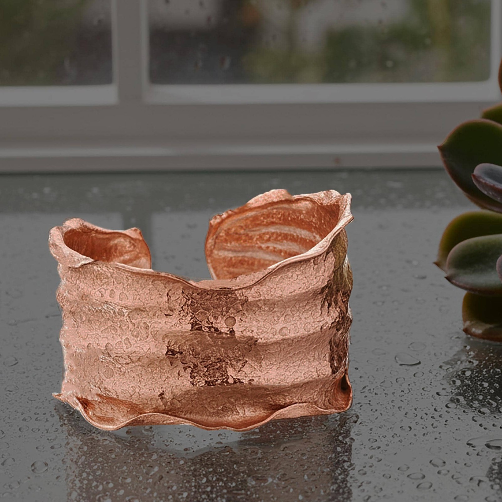Copper Cuff Bracelet Solid Copper Crinkled Torn Edge Adjustable Style