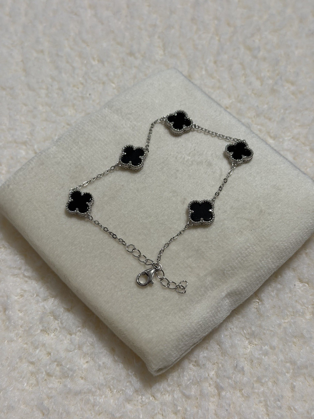 925 Sterling Silver Bracelet Black Clover Adjustable 7-8 inch Lobster Clasp