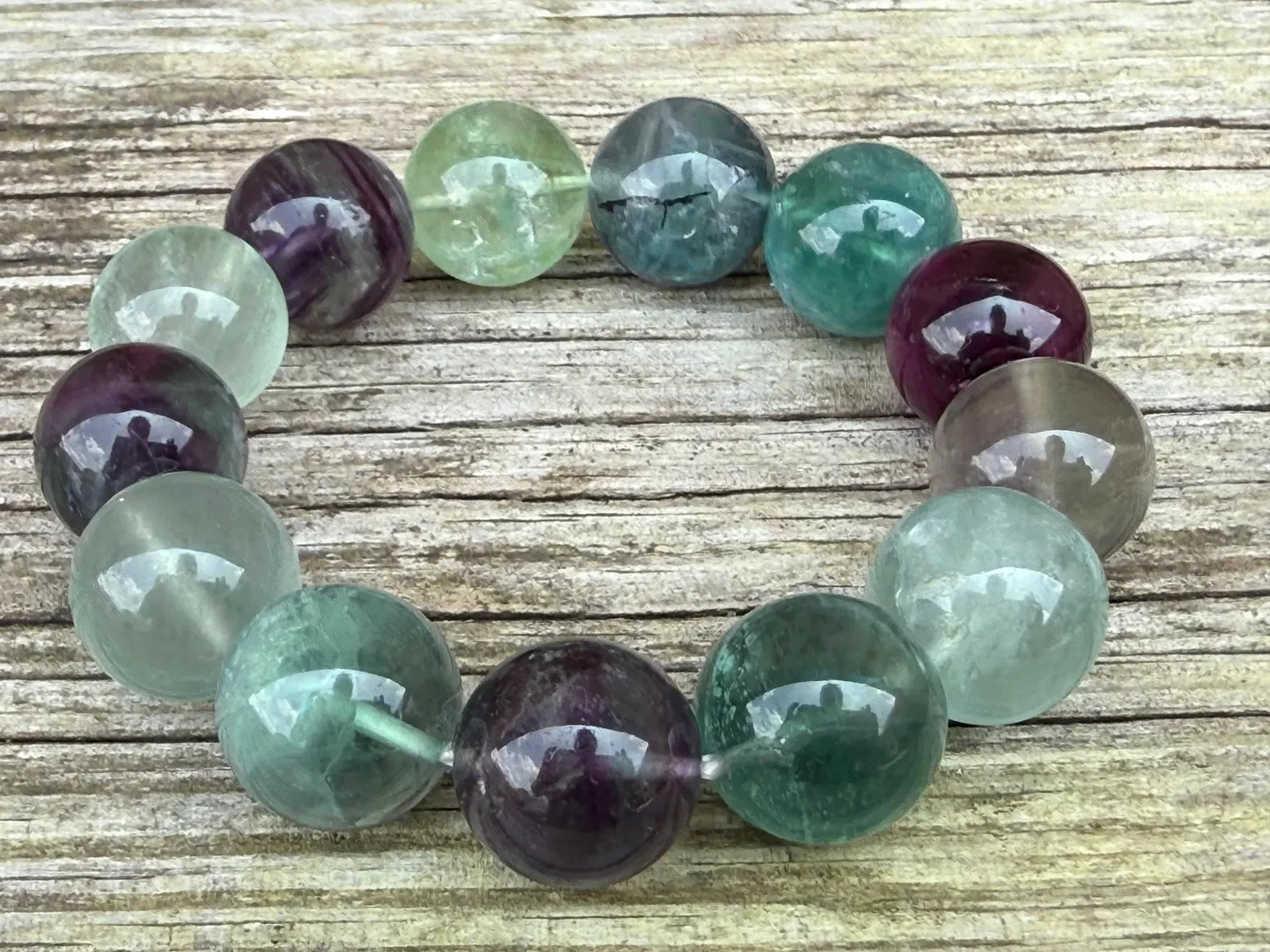 16 mm chunky Fluorite gemstone beaded colorful elastic bracelet for woman