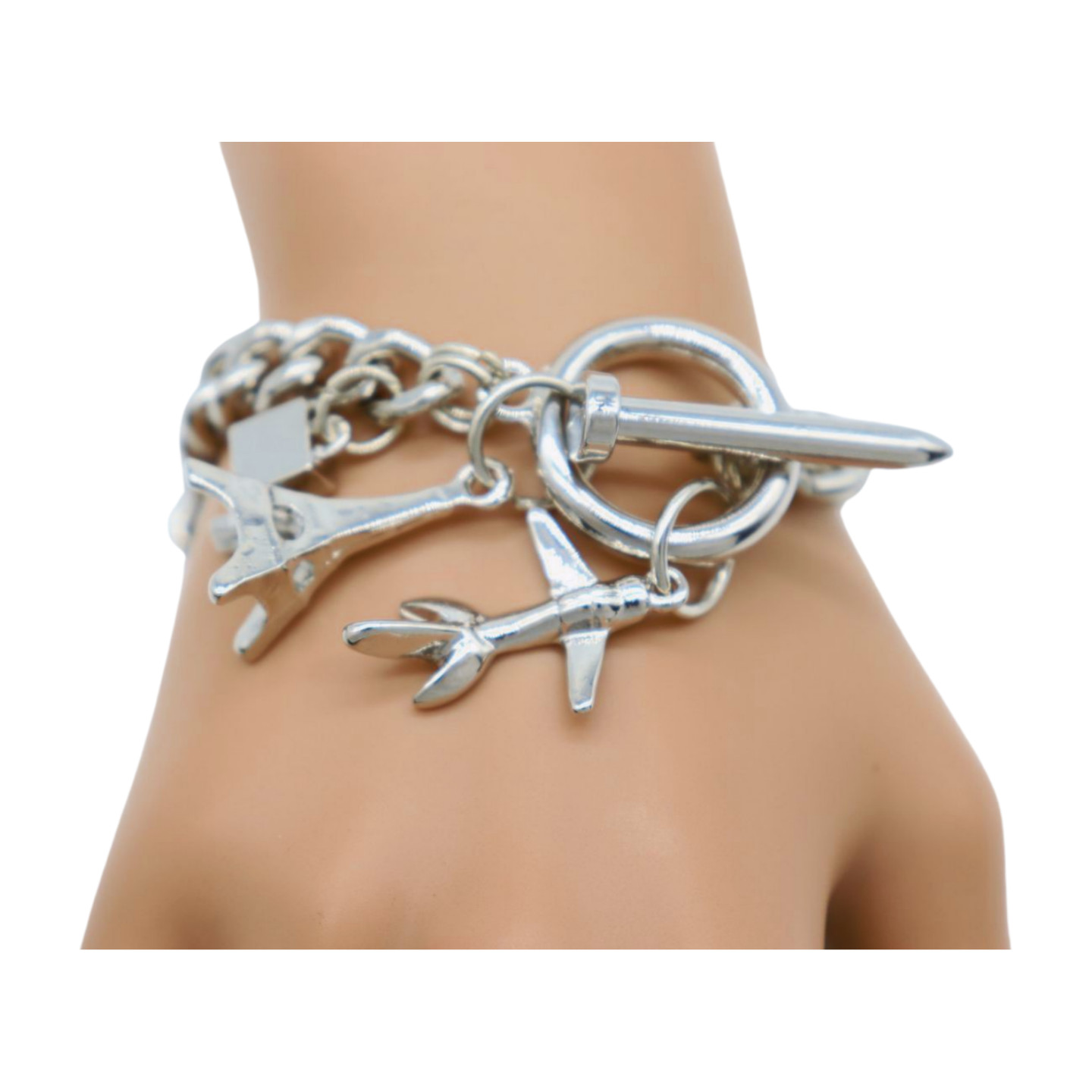 Women Silver Metal Chain Links Wrist Bracelet Airplane Eifel Tower Charms France