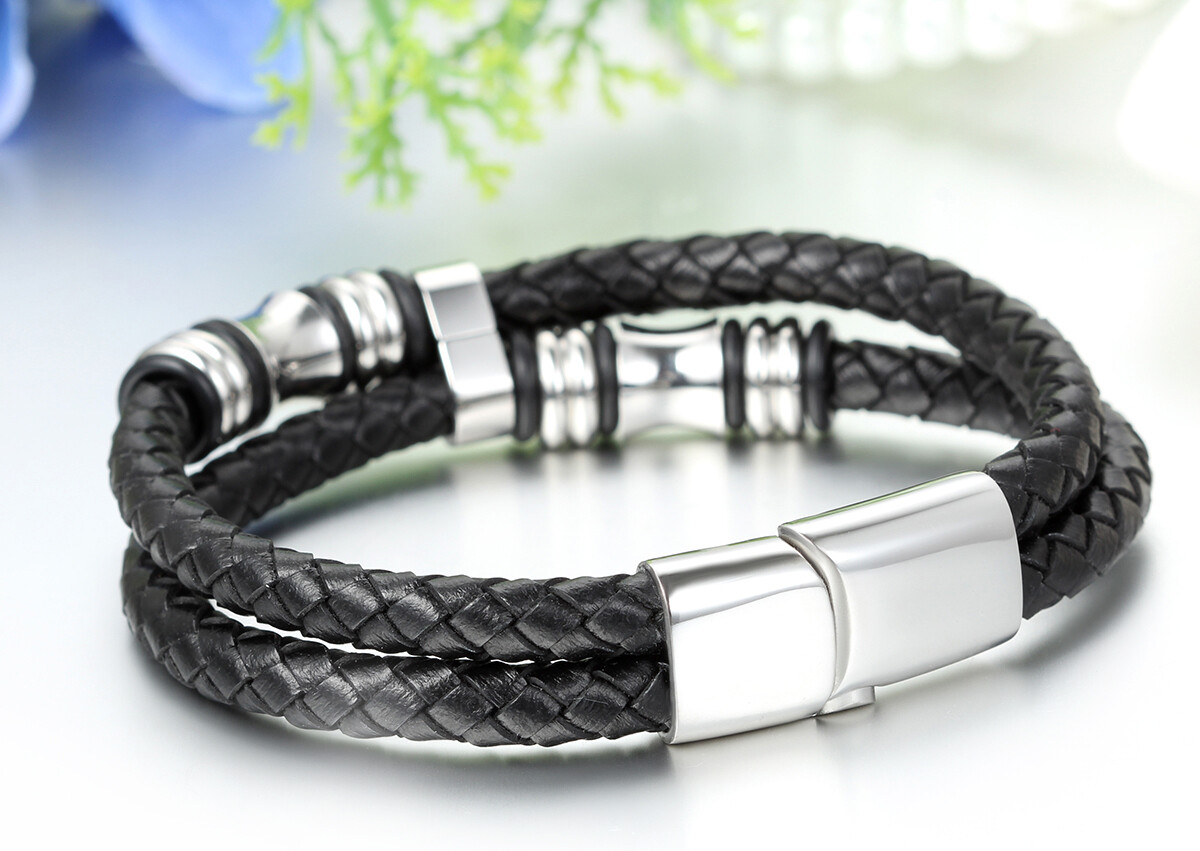 Men’s Multilayer Braided Leather Stainless Steel Magnetic Bracelet Bangle Cuff