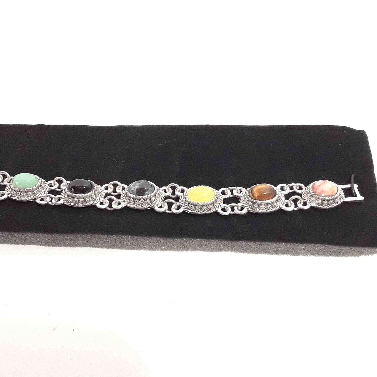 Silver Tone Bracelet, NEW Chain Colorful Glass Gemstone? Thailand Pink Red 7″