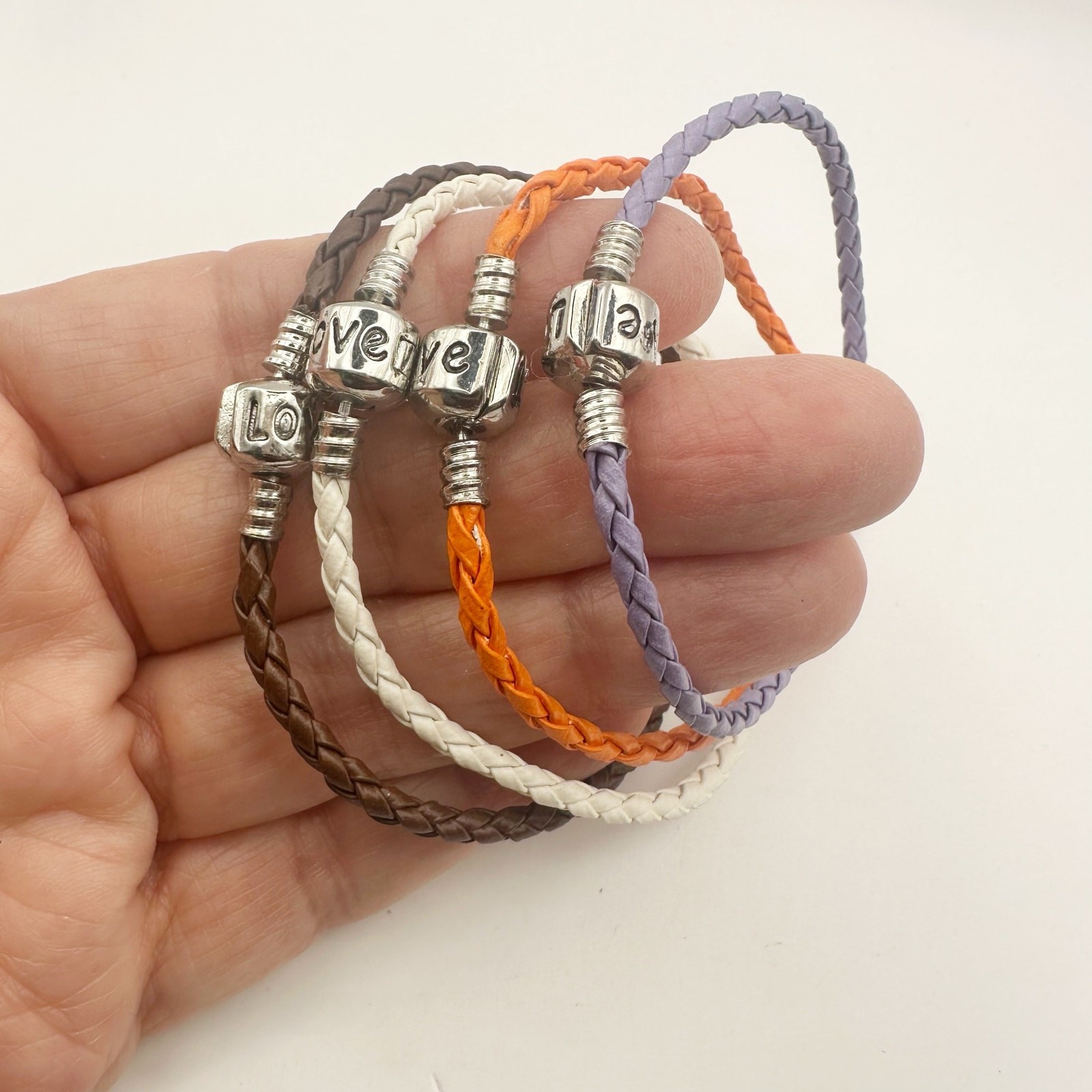LOVE Braided Silver clasp Bracelet Set of 4 Purple White Brown Orange Jewelry