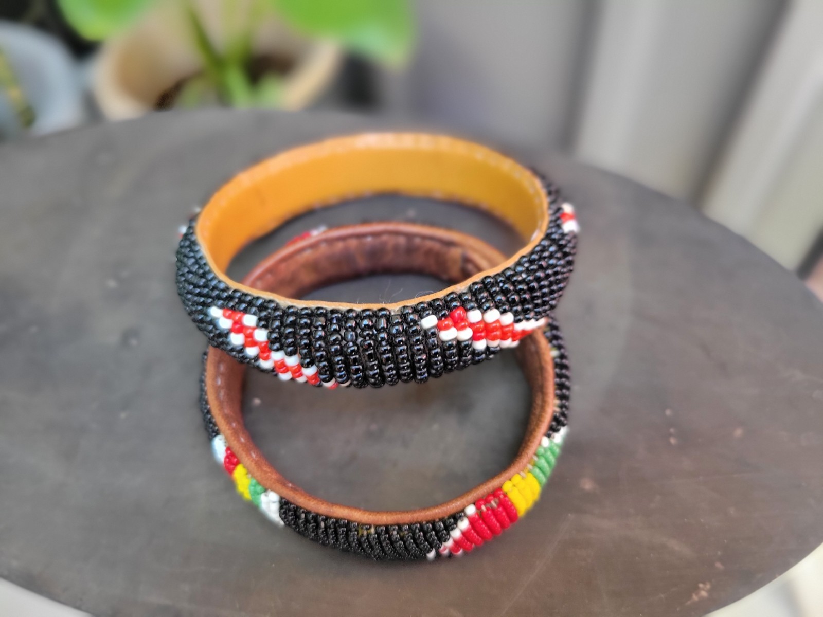 Vintage Lot of 2 African Woven Seed Bead & Leather Bangles African Colors 7″& 8″