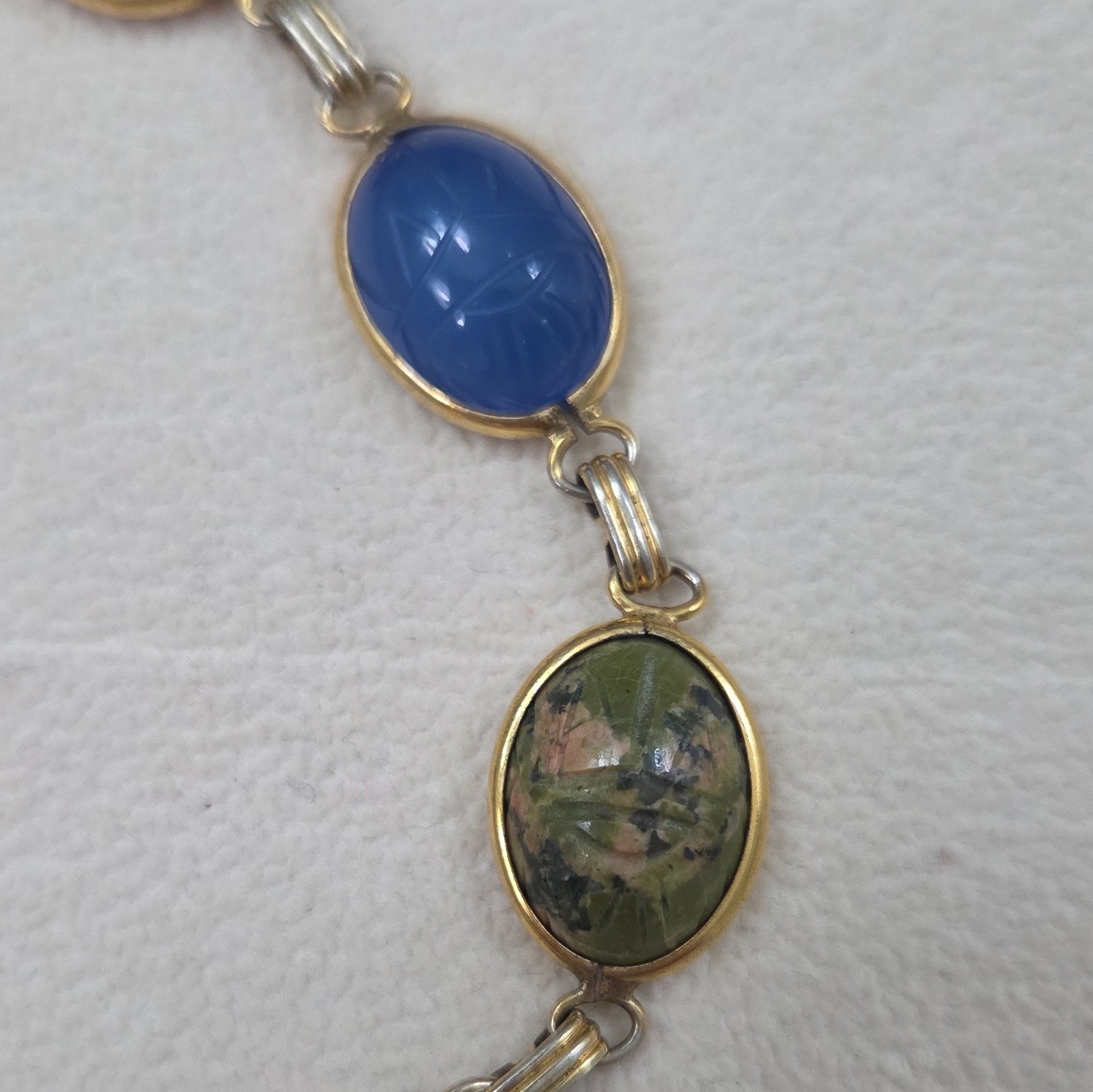 Karen Lynne Signed Multicolor Oval Cabochon Link Bracelet Bezel Spring Ring