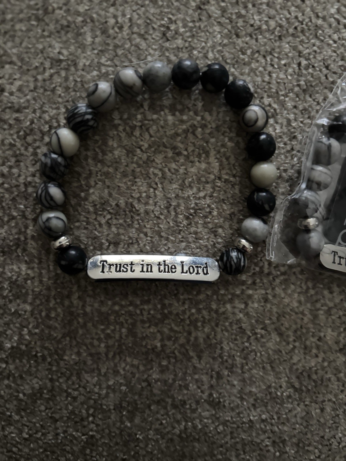 Paparazzi Black/Gray Beaded Charm Bracelet Engraved Religious Round Stone