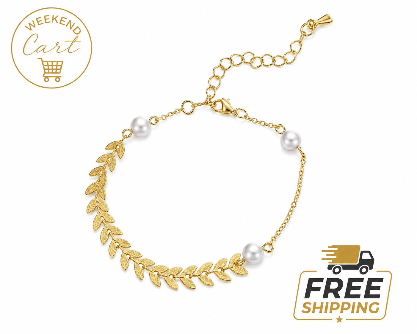 Women’s Gold Tone Leaf Bracelet Faux Pearl Adjustable Chain Botanical Jewelry