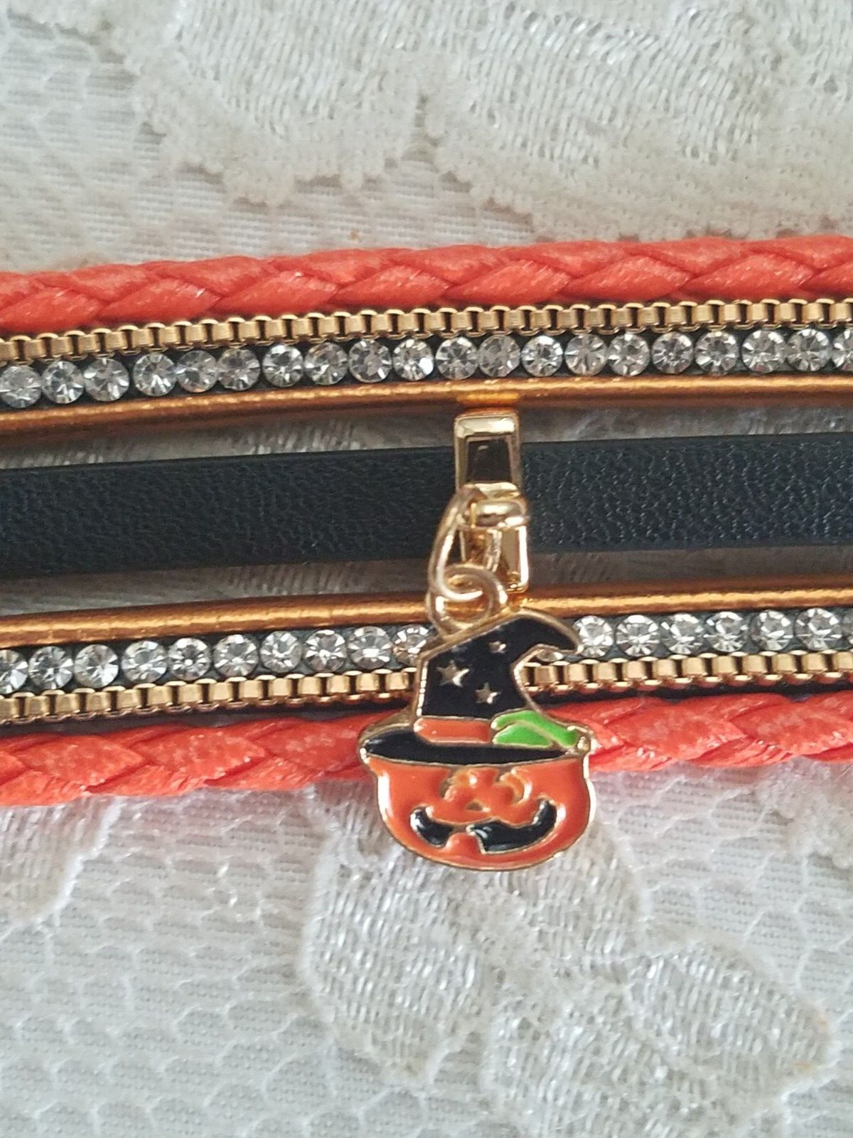 HALLOWEEN ENAMEL PUMPKIN MAGNETIC BRACELET RHINESTONES GOLD TONE LAYEREDED