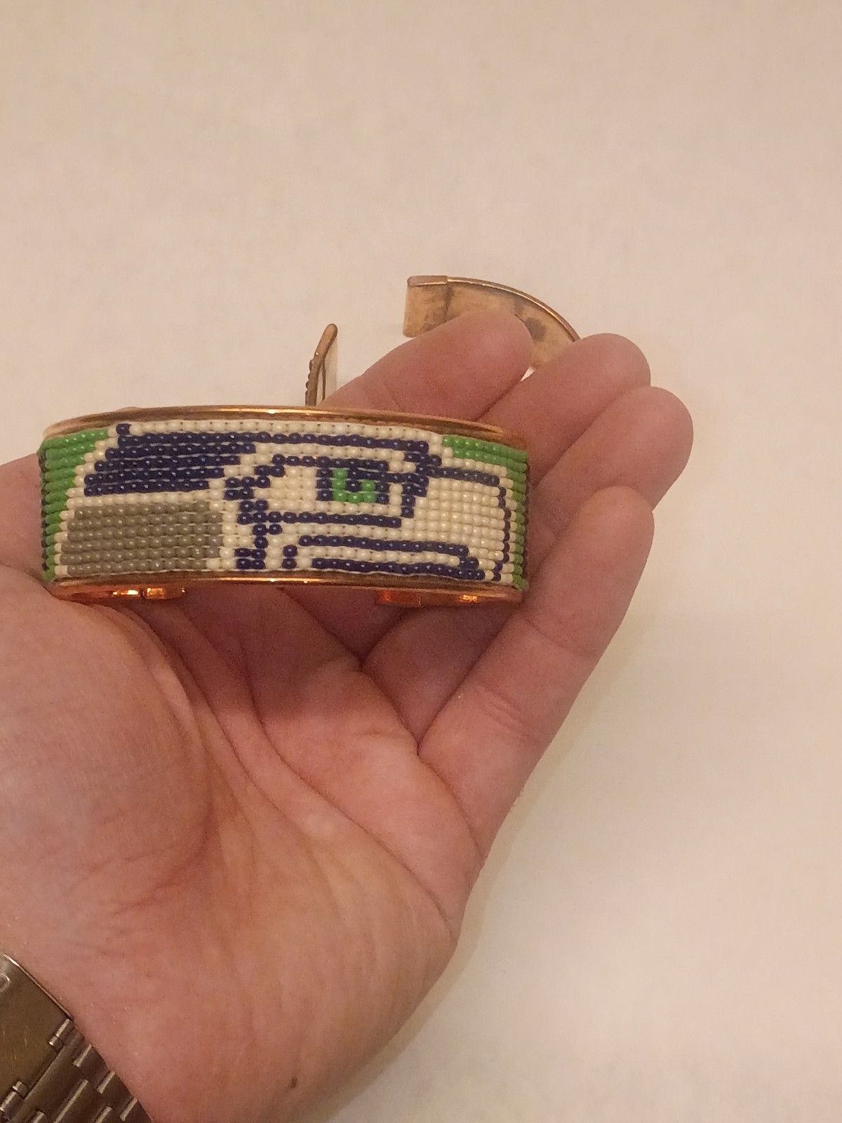 Adjustable Copper Seahawks Bracelet Large Logo Green Background