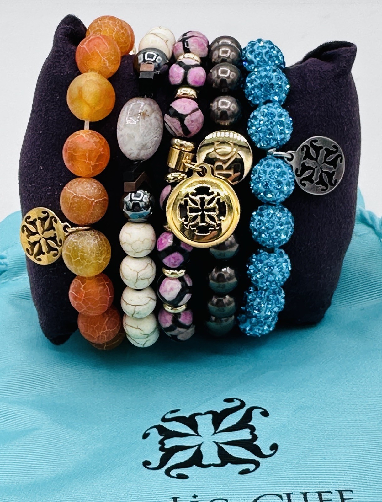Rustic Cuff Summer Sunset Bracelet Stack 5 Pc Orange Blue Crystal Charm