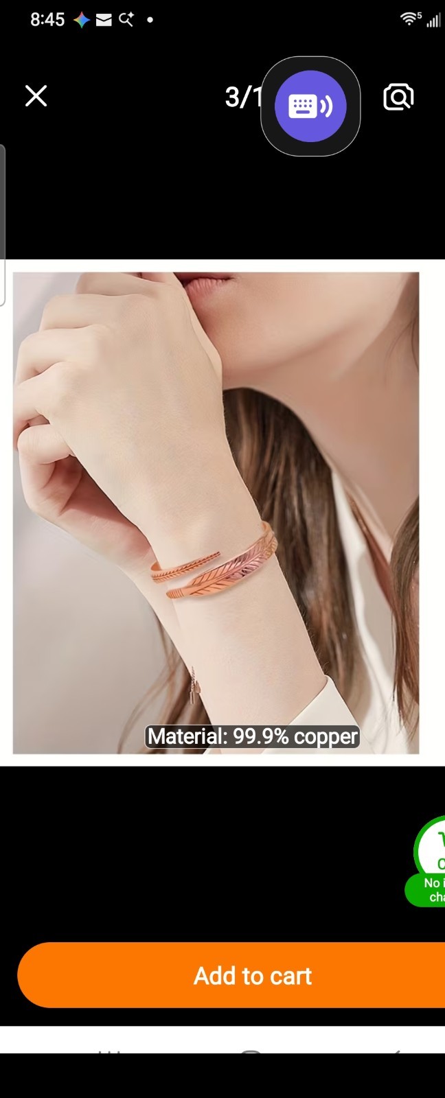 Pure 99.9 % Copper Adjustable Open Feather Bracelet
