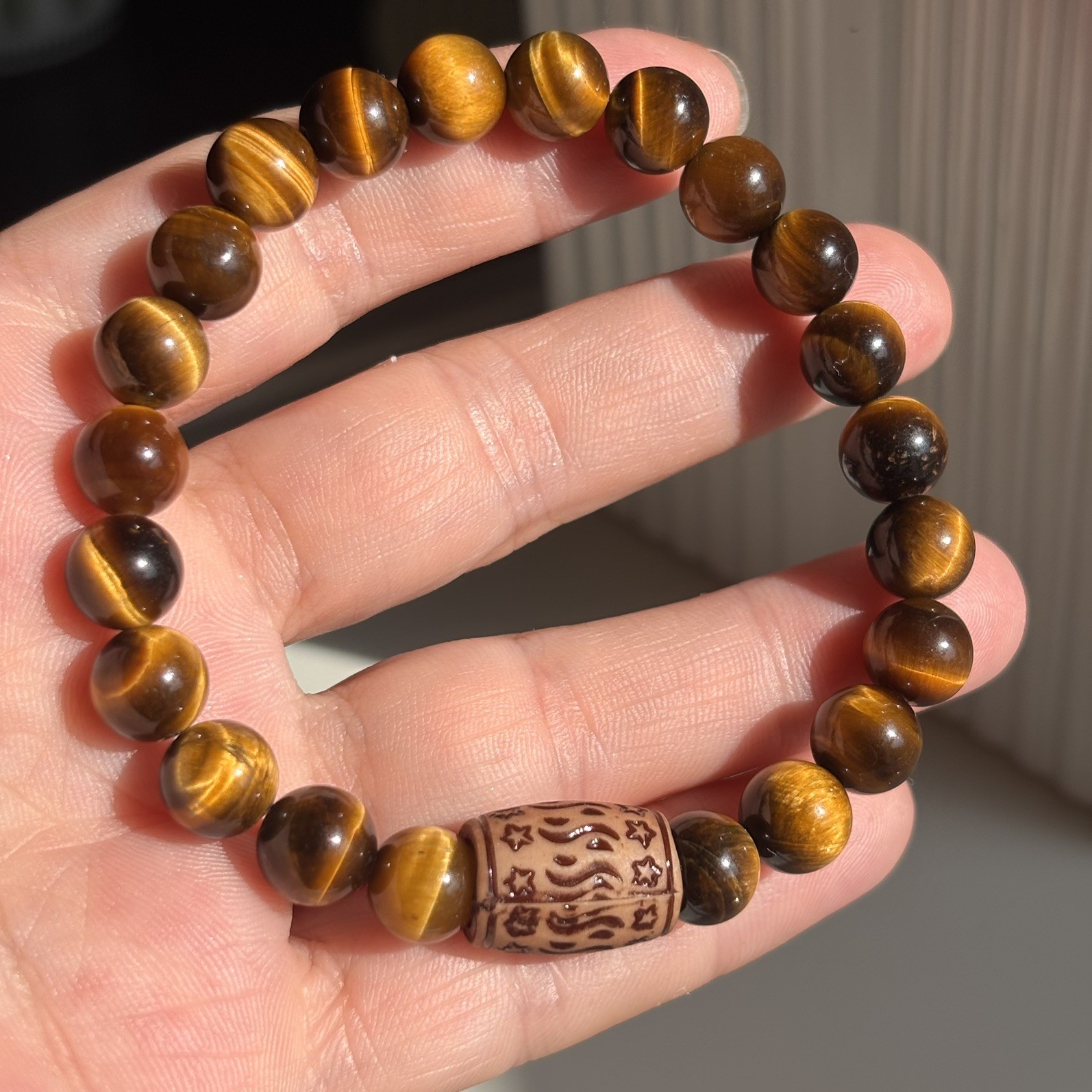 Tiger Eye Beaded Bracelet Wooden Spacer Stretch Crystal Healing Unisex