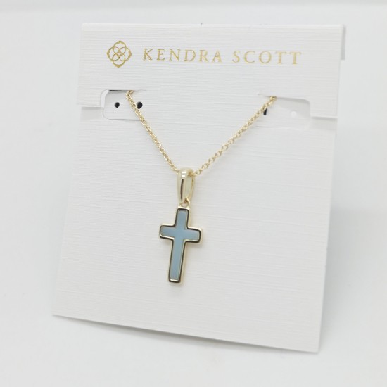 New Kendra Scott Cross Gold Pendant Necklace in Light Blue Dichroic Glass