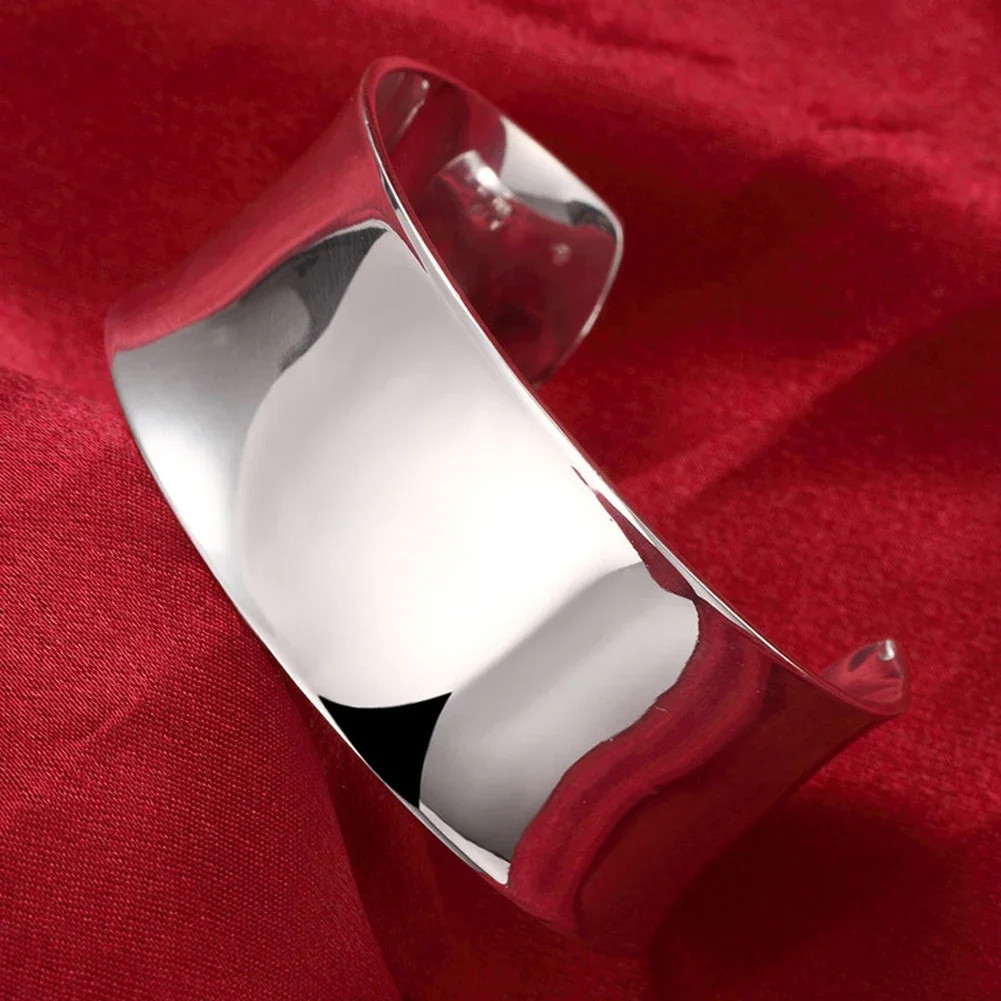 925 Sterling Silver Cuff Bracelet Smooth Wide Bangle Elegant Women Jewelry