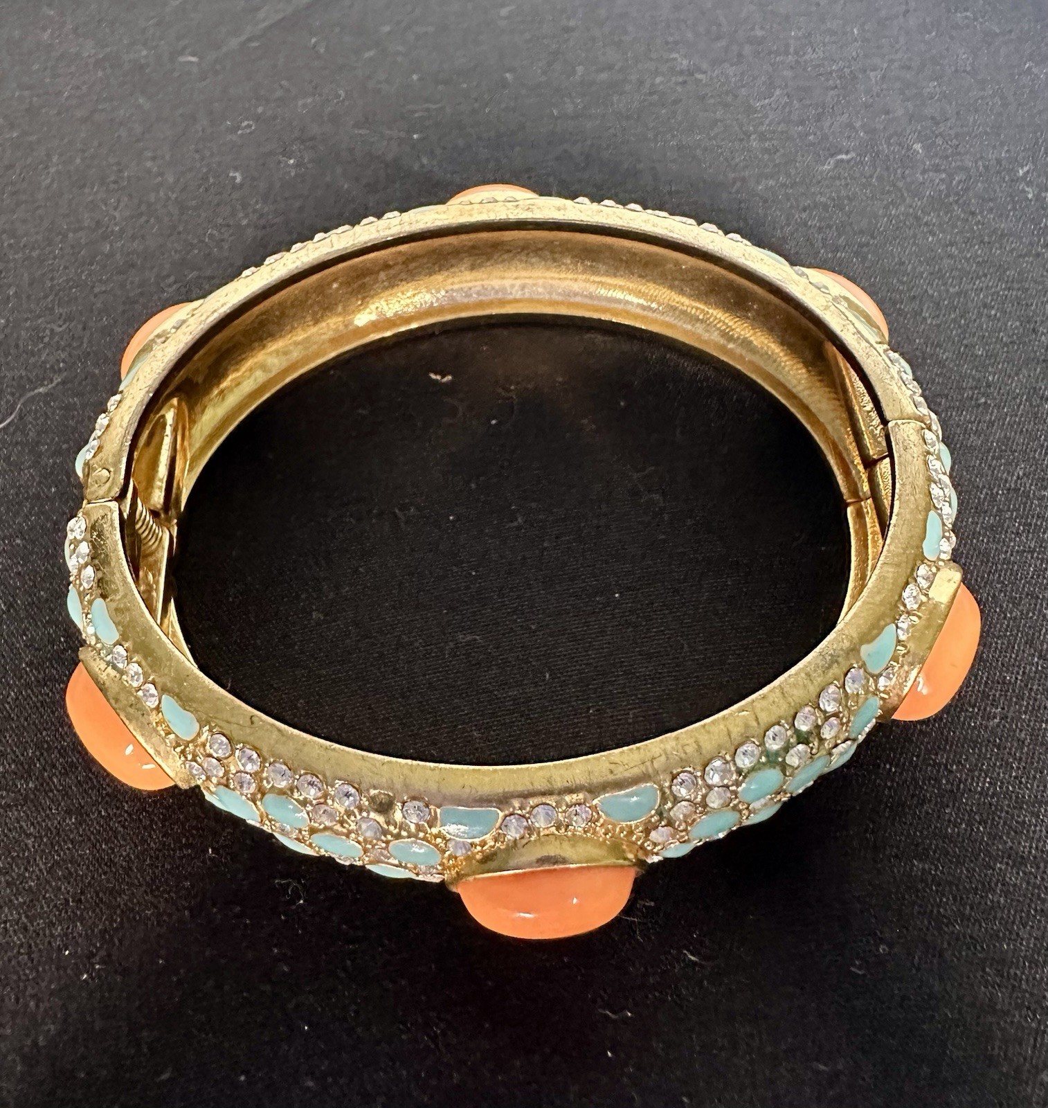 Stella & Dot Coral & Turquoise Hinged Bracelet Cabochon & Rhinestone Clamper 7″