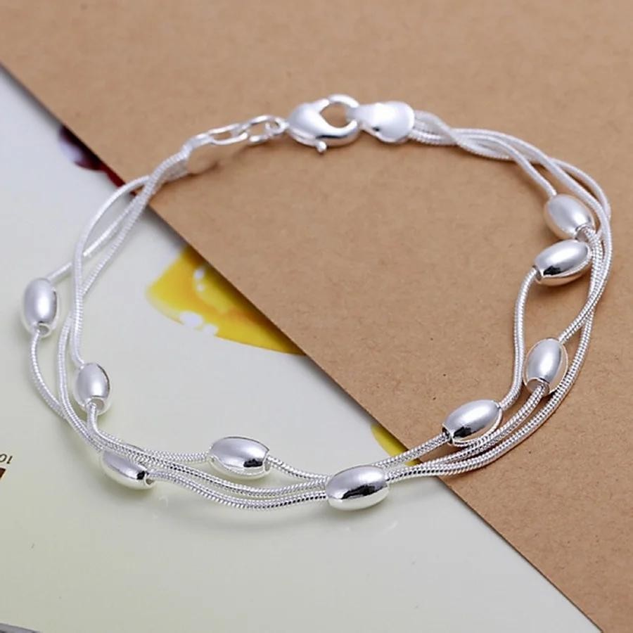 925 Sterling Silver Bead Chain Bracelet Fashion Women Lady Wedding Jewelry Gift