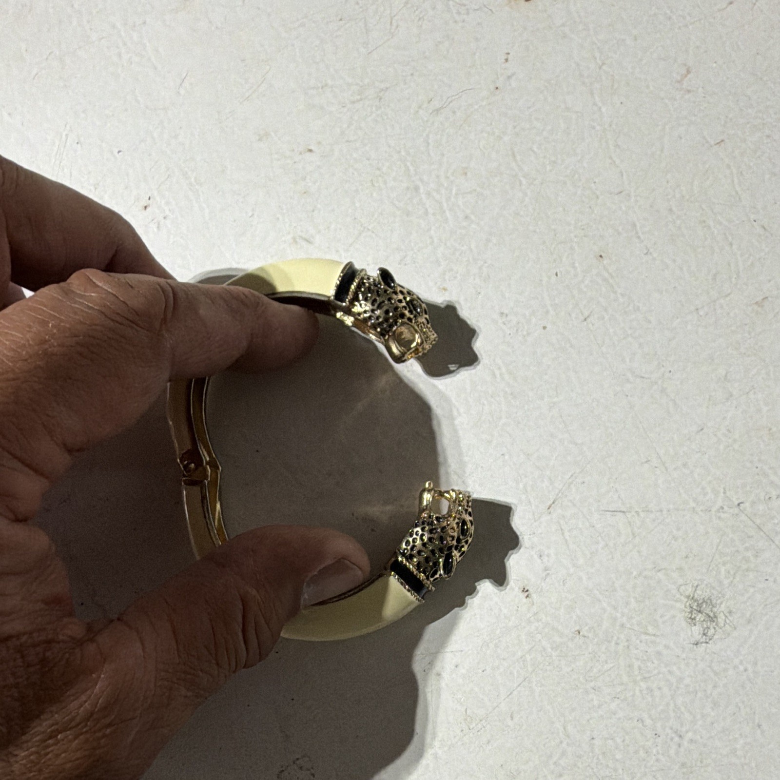 Ivory/Gold Enamel Hinged Bangle Bracelet, Signed