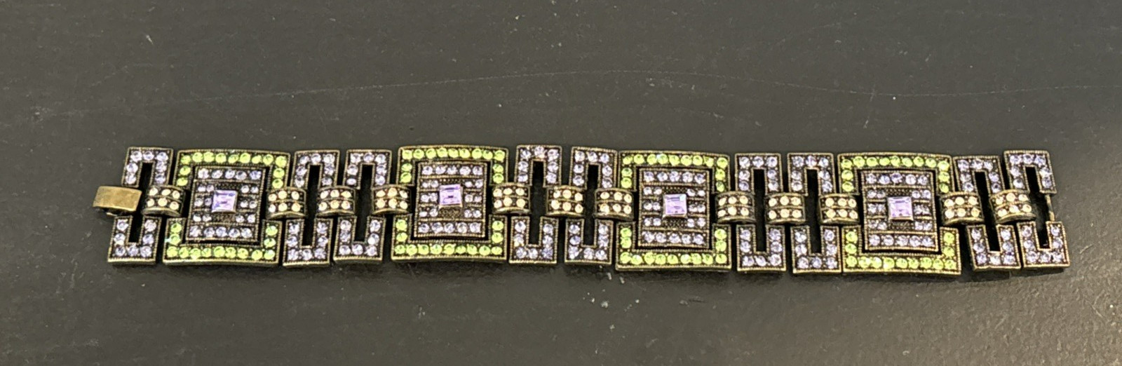 Geometric Linked Bracelet Green Purple Champagne Rhinestones Marked China 7″