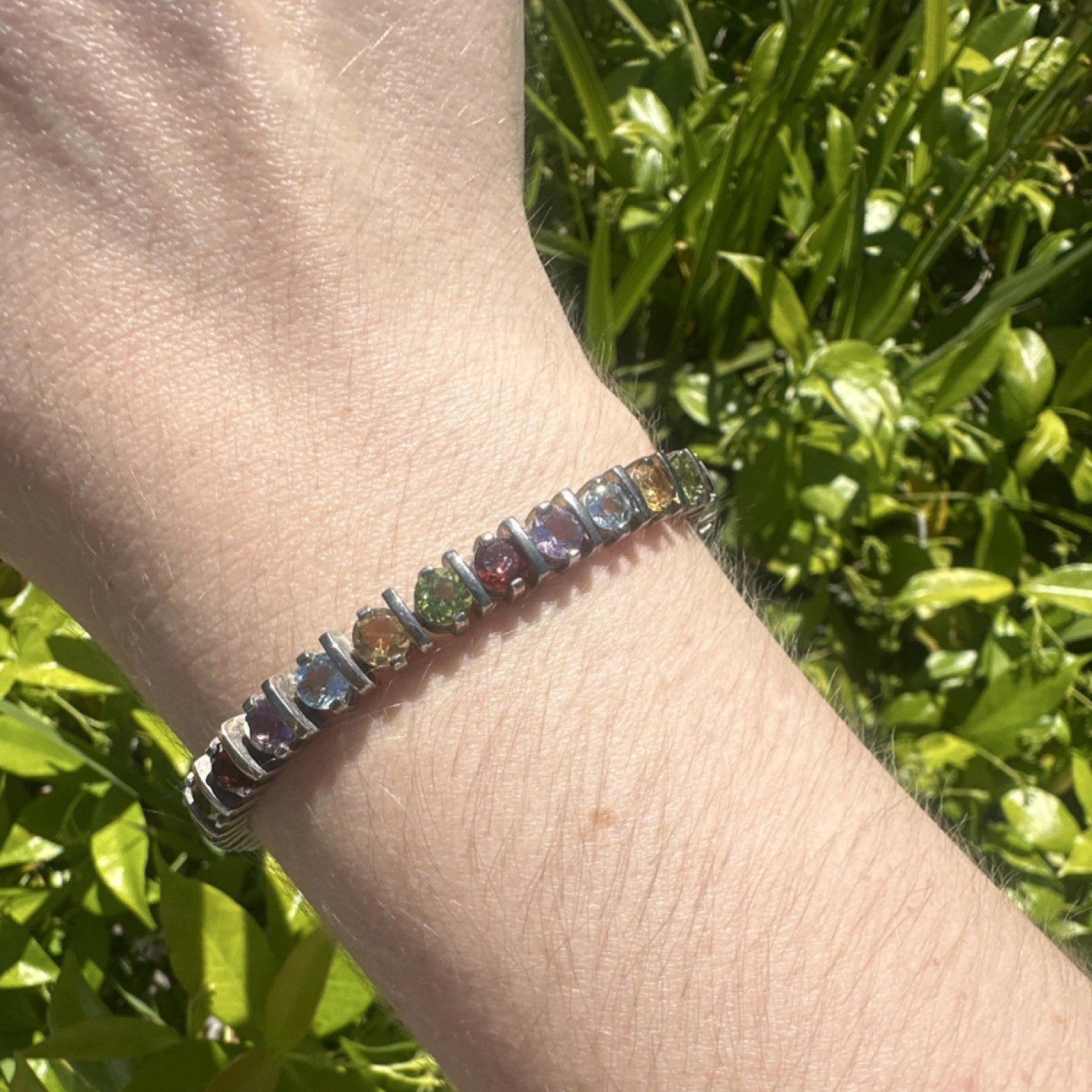 Sterling silver 925 Multicolor semi-precious tennis bracelet, box clasp, 8in