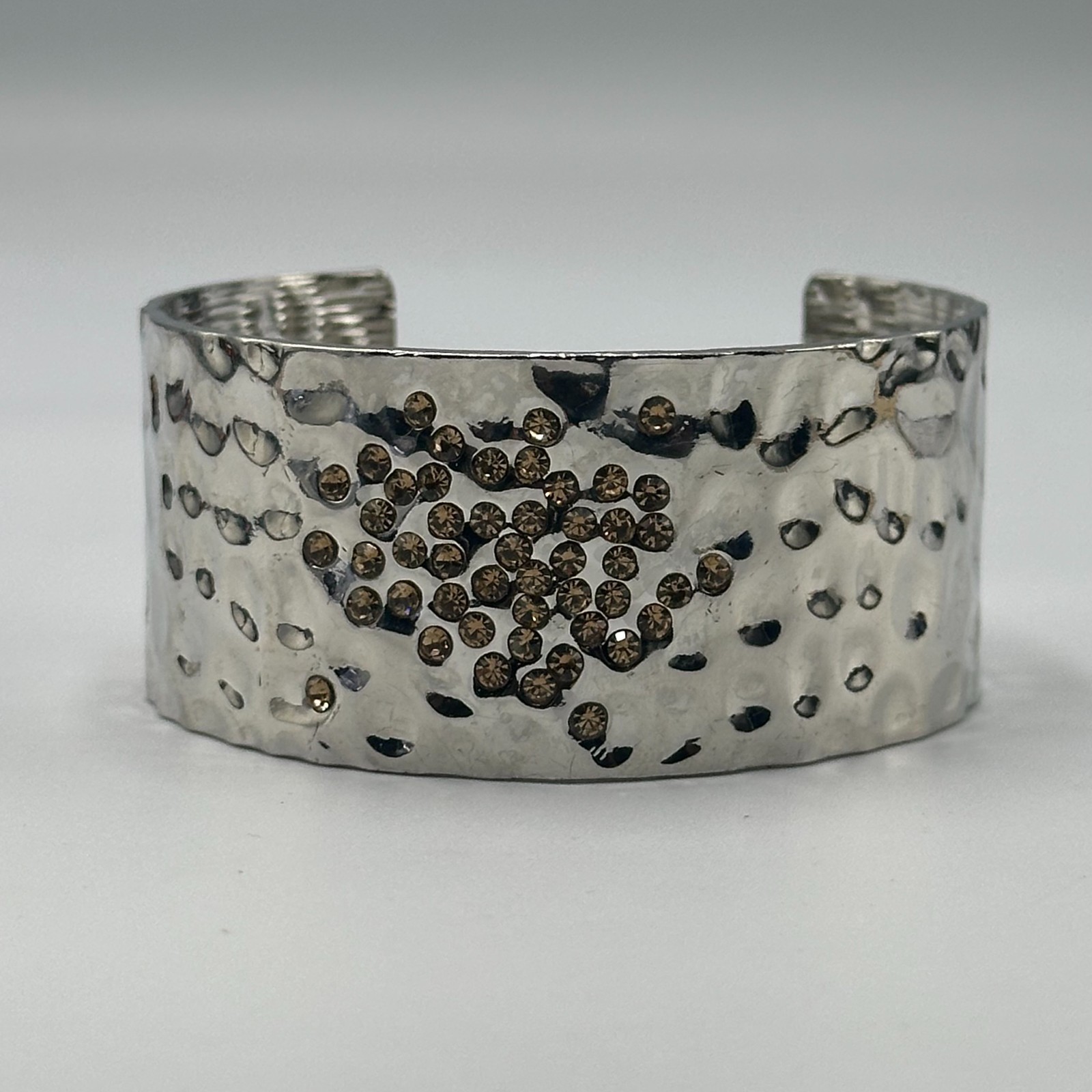 Cuff Bracelet Silver Tone Hammered Metal Brown Rhinestone Cluster